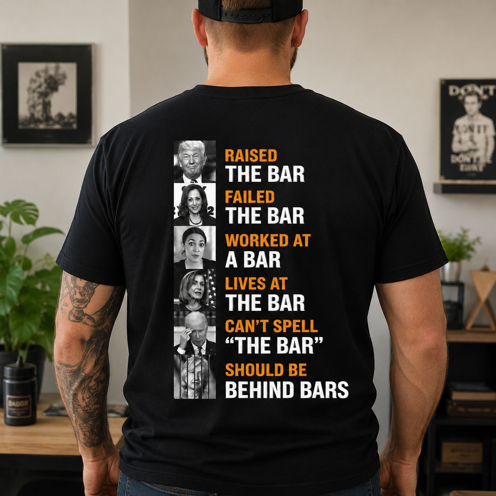 Raised The Bar political satire graphic tee black back print male model lifestyle