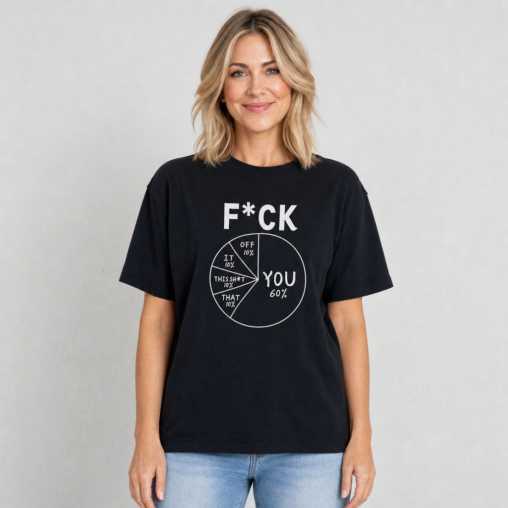 F*CK pie chart funny graphic tee black front female model