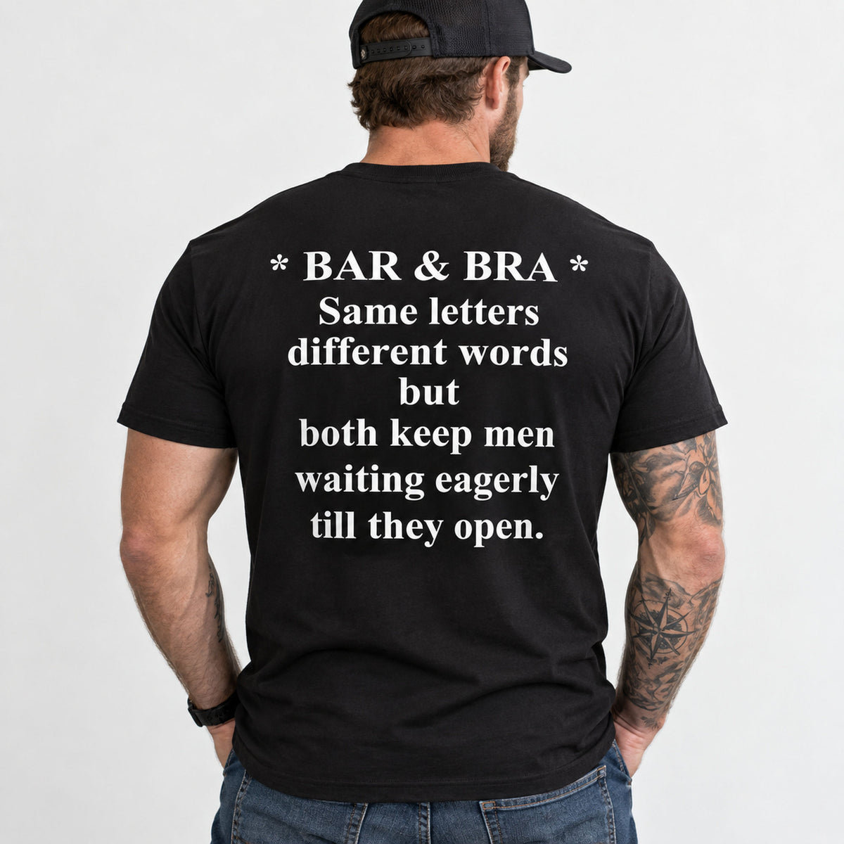Black Bar & Bra funny graphic T-shirt with white seven-line back print shown from behind on a male model