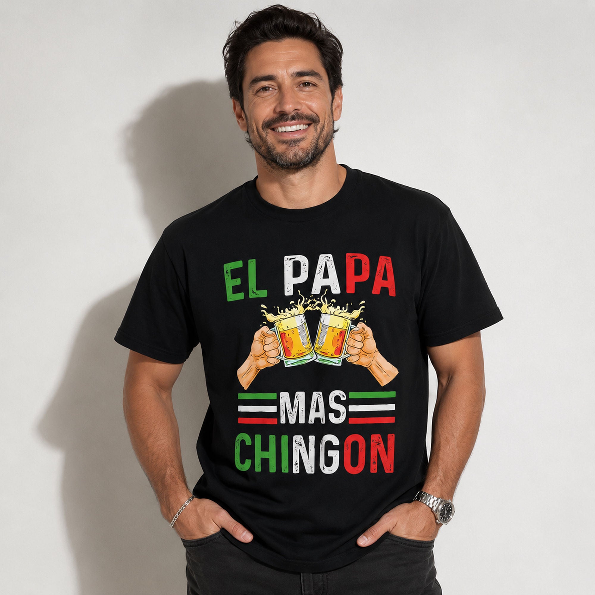 El Papa Mas Chingon funny dad graphic tee black front model