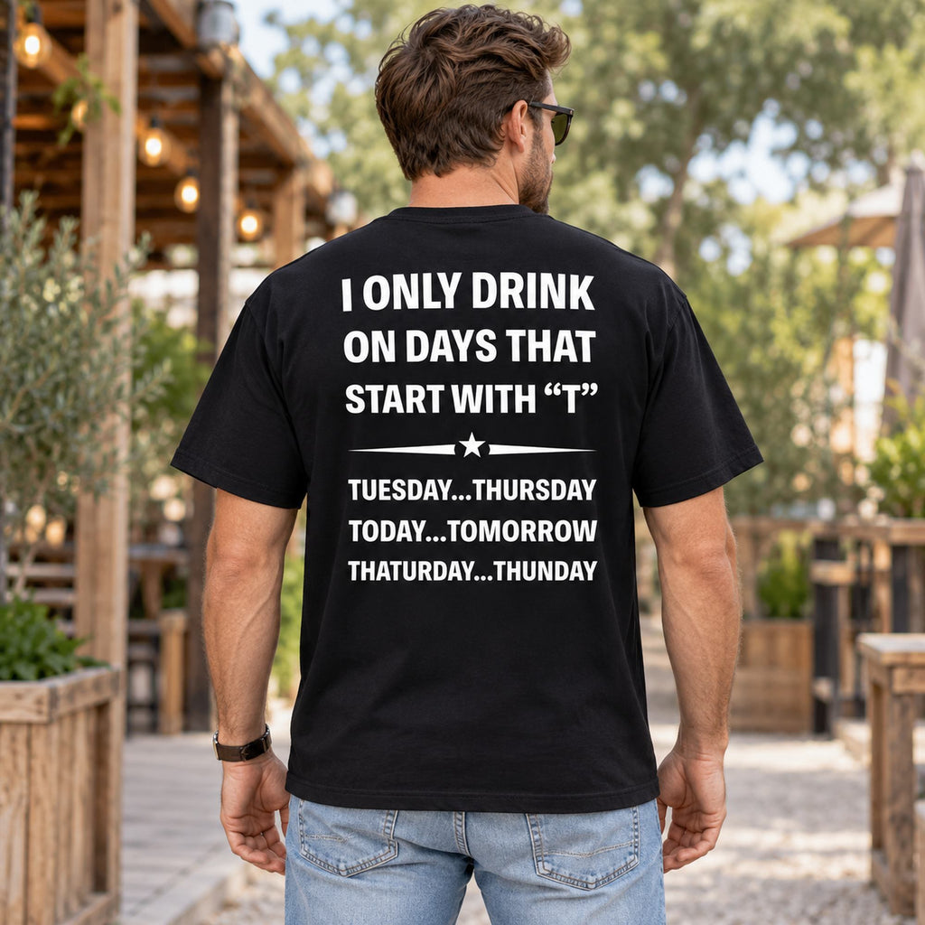I Only Drink on Days That Start With T black graphic tee with white back print on a male model outdoors