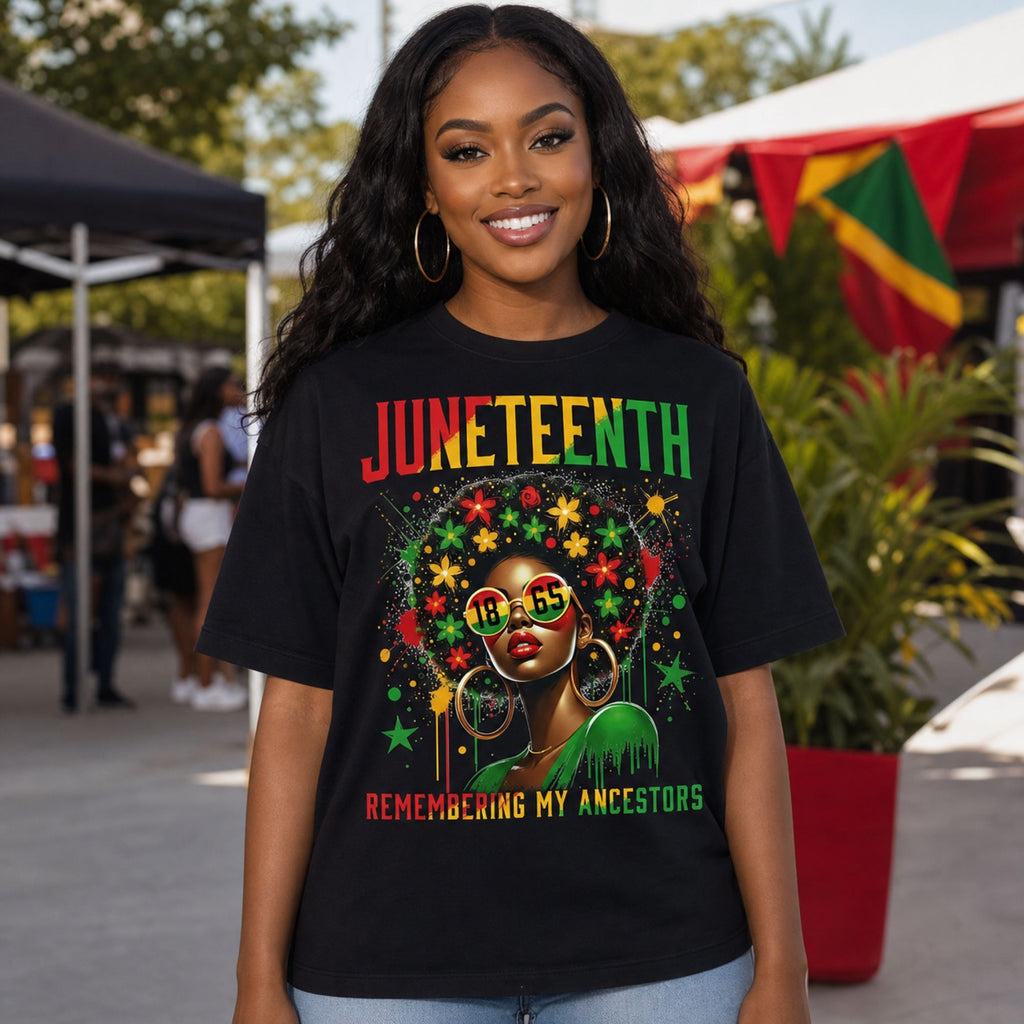 Juneteenth Remembering My Ancestors graphic tee black front lifestyle model