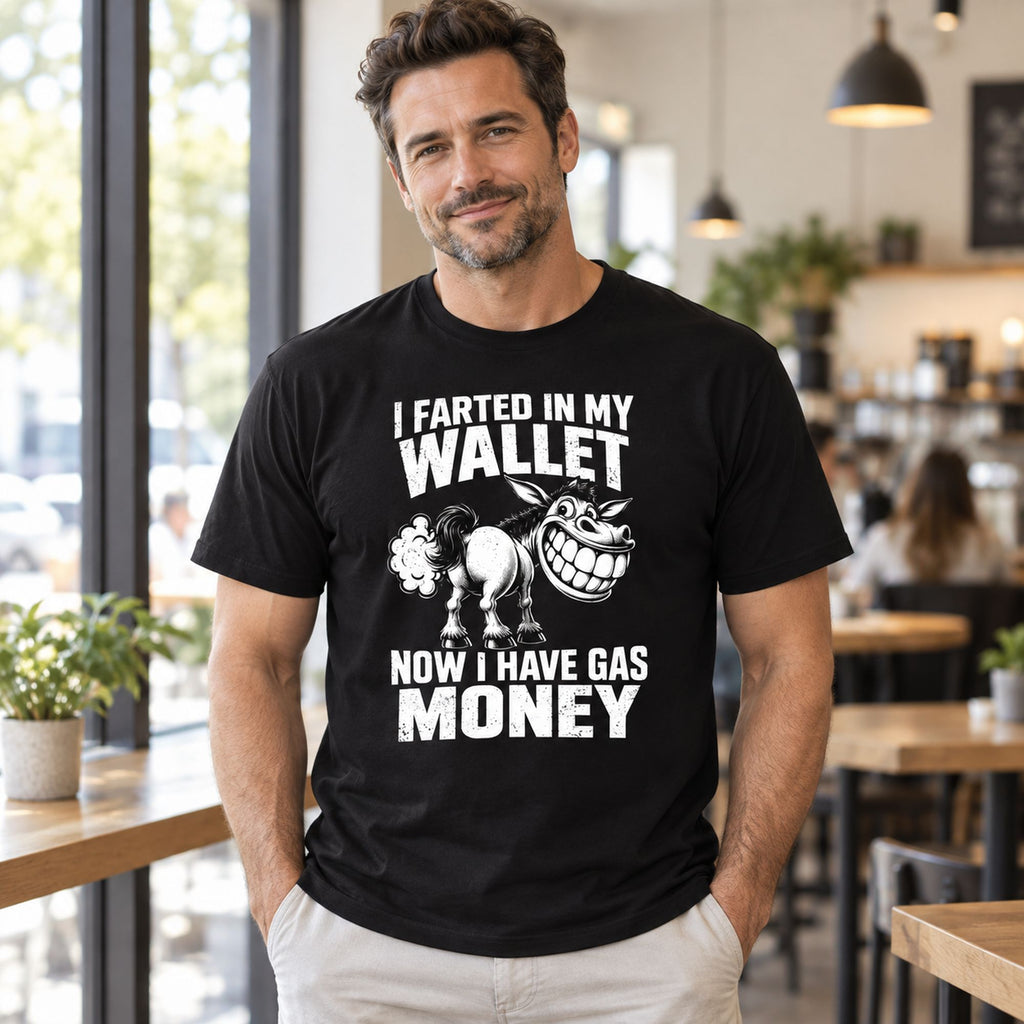 I Farted In My Wallet funny donkey graphic tee, black front print on male model in cafe