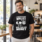 I Farted In My Wallet funny donkey graphic tee, black front print on male model in cafe