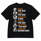 Raised The Bar political satire graphic tee black back print flat lay