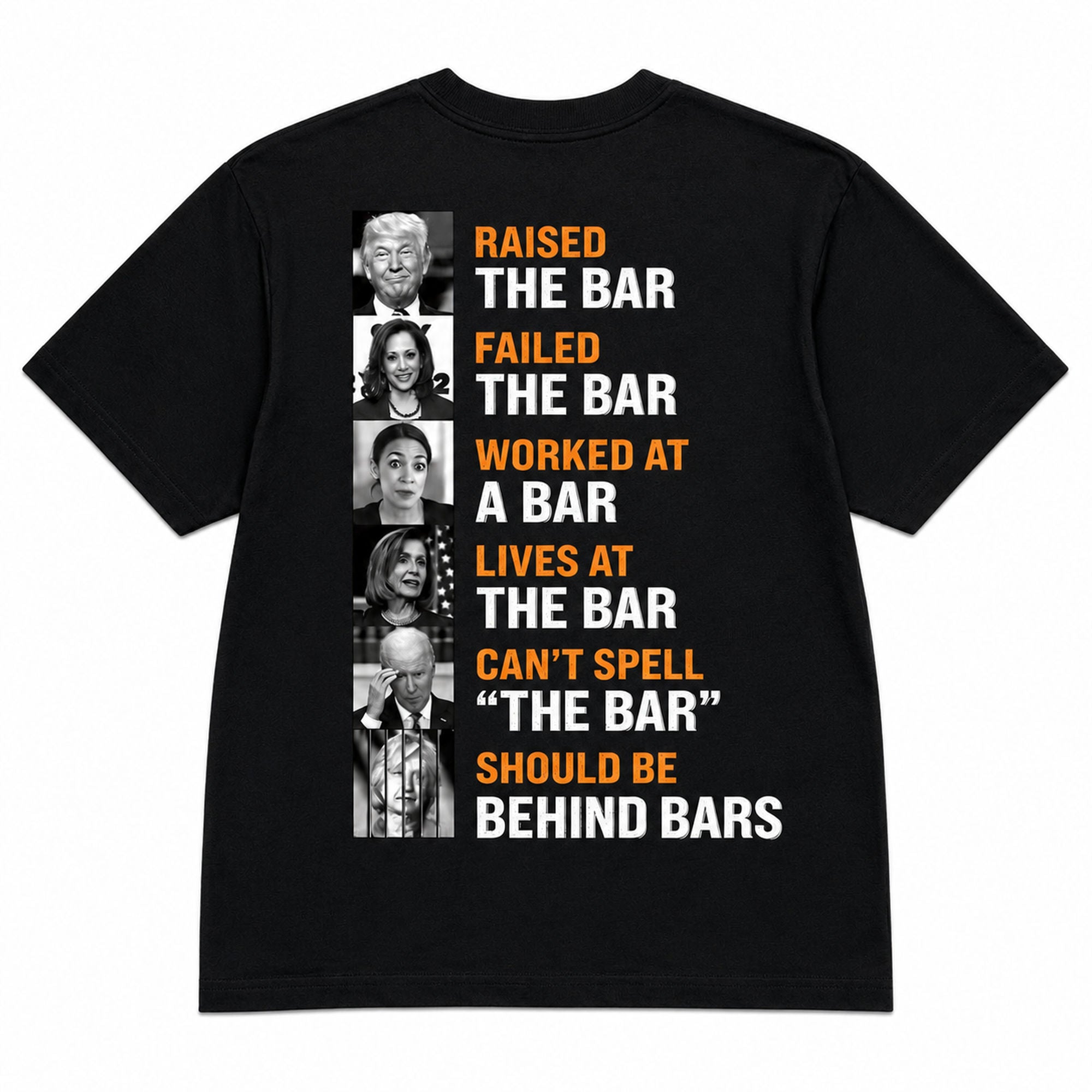 Raised The Bar political satire graphic tee black back print flat lay