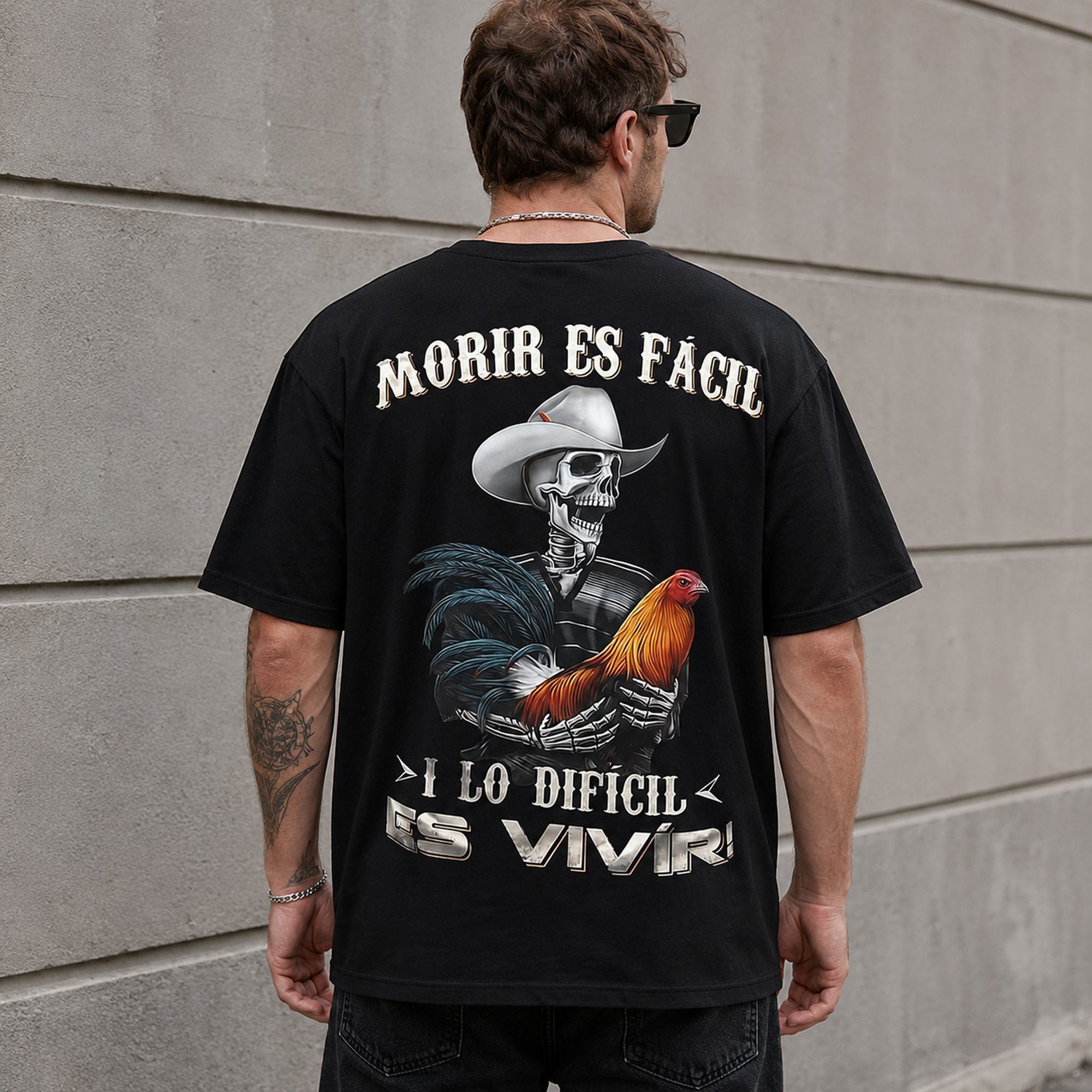 Morir Es Facil Spanish western skeleton rooster graphic tee black back print model