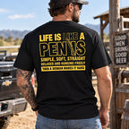 Life Is Like A Pen adult humor graphic tee in black, male model showing yellow back print outdoors