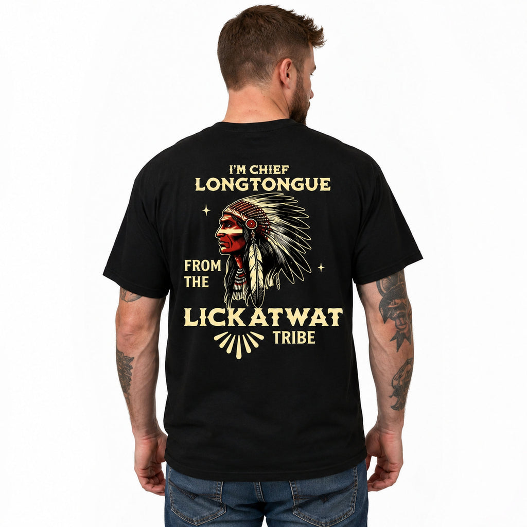 I'm Chief Longtongue adult humor back print black T-shirt male model