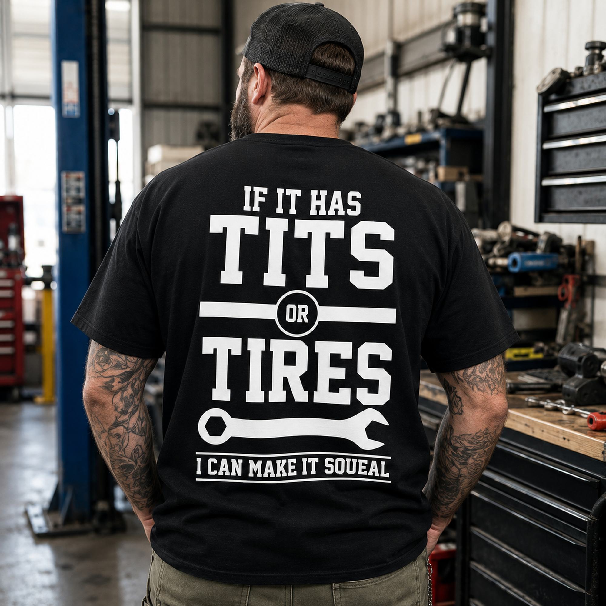 If It Has Tits Or Tires blue-collar dad graphic tee black back print model