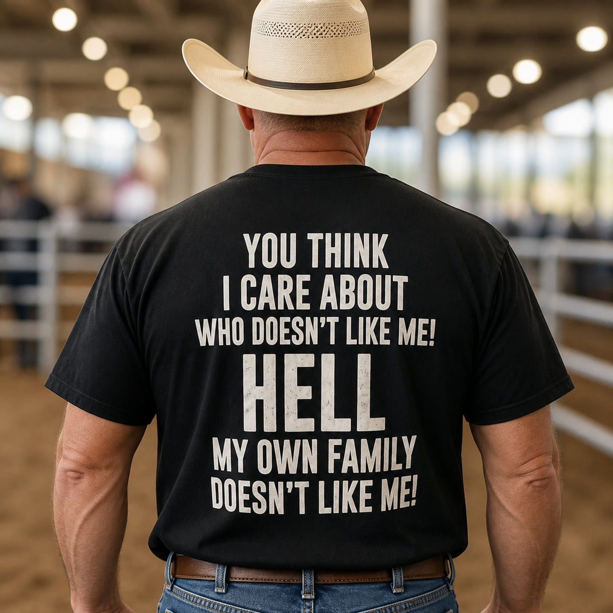 You Think I Care My Own Family funny back print black T-shirt Western male model