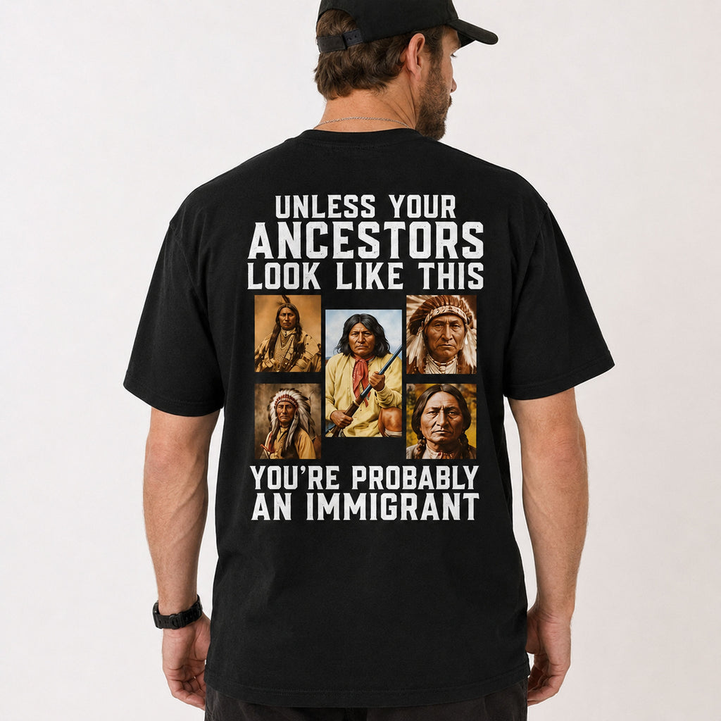 Unless Your Ancestors Indigenous heritage graphic tee black back print male lifestyle model