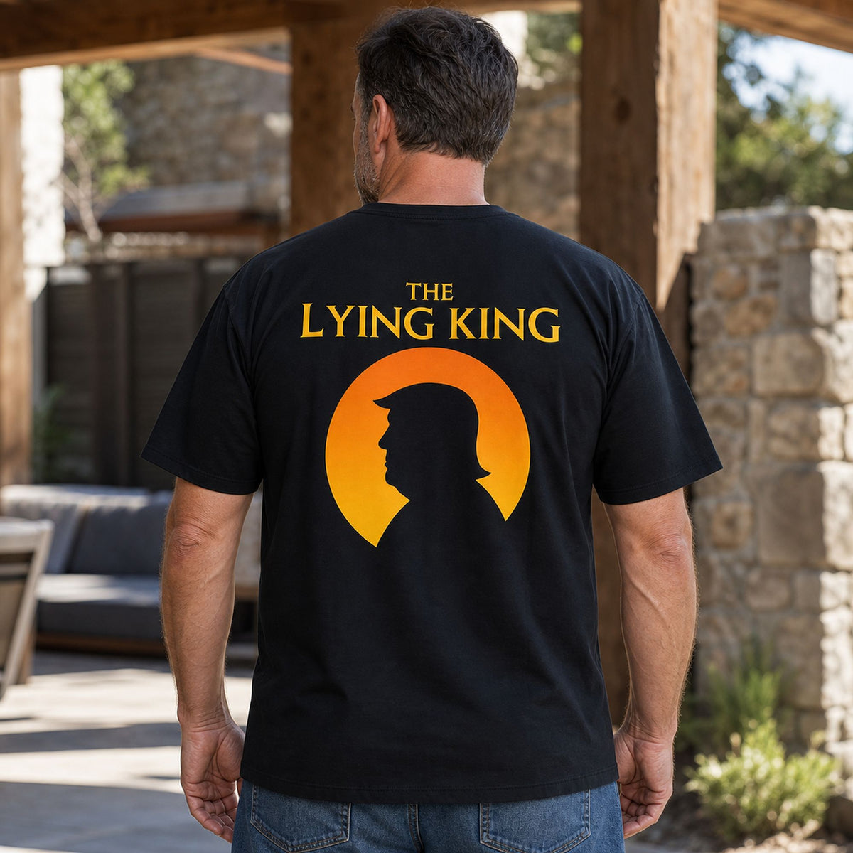 The Lying King political humor graphic tee black back print mature male lifestyle model
