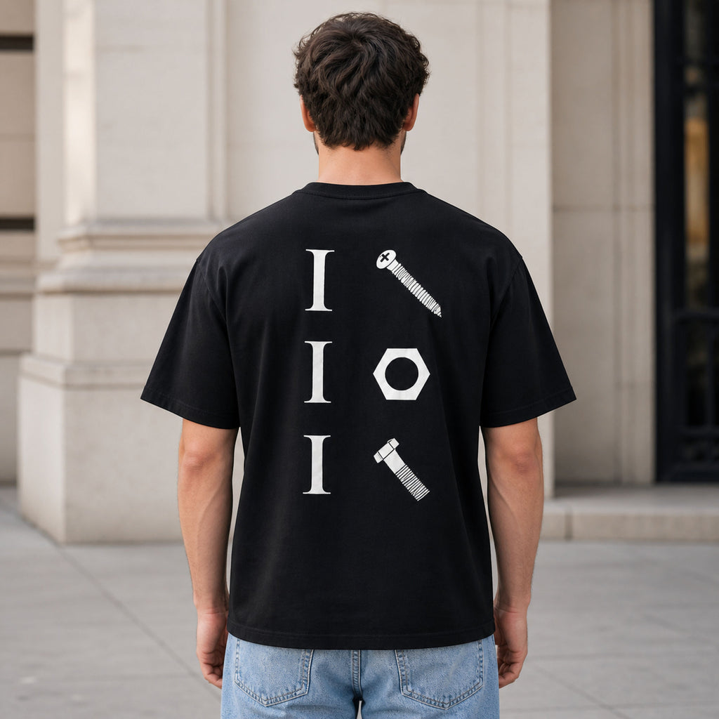 I Screw I Nut I Bolt mechanic humor graphic tee black back print male model