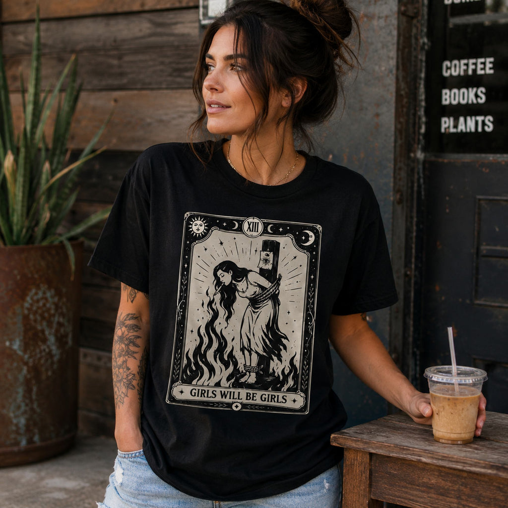 Girls Will Be Girls feminist witch tarot graphic tee black front cafe lifestyle female model