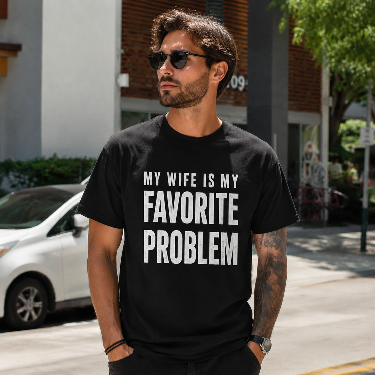 My Wife Is My Favorite Problem funny graphic tee black front male lifestyle model