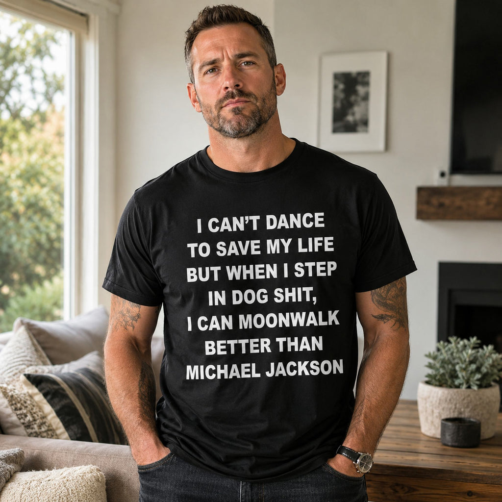 I Can't Dance Moonwalk funny graphic tee black front lifestyle male model