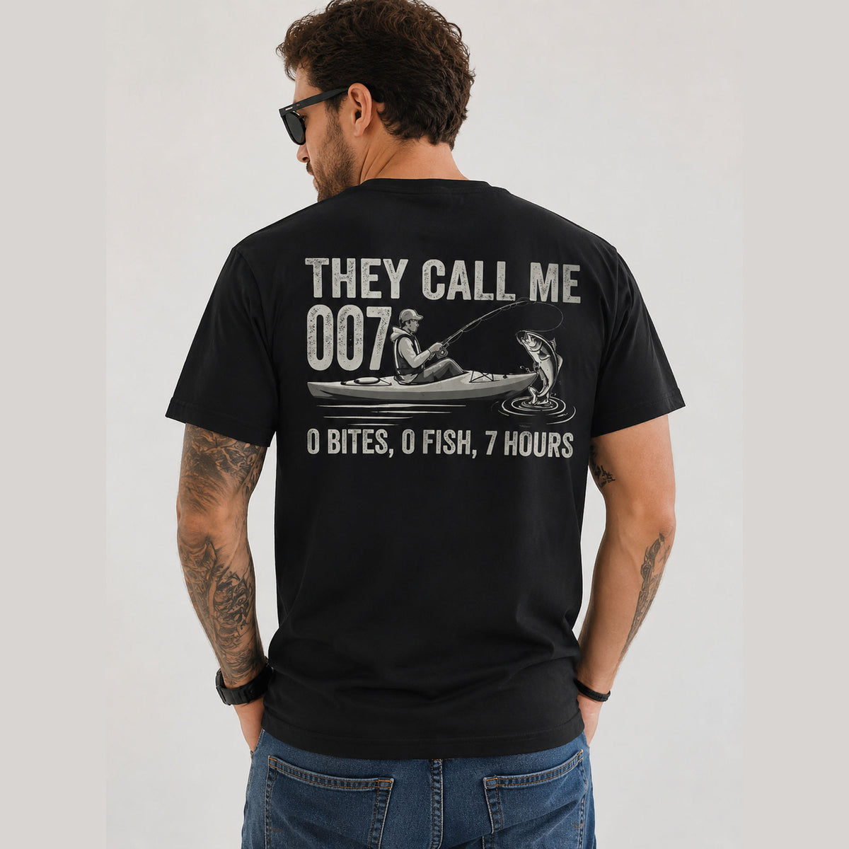They Call Me 007 fishing back print black tee male model