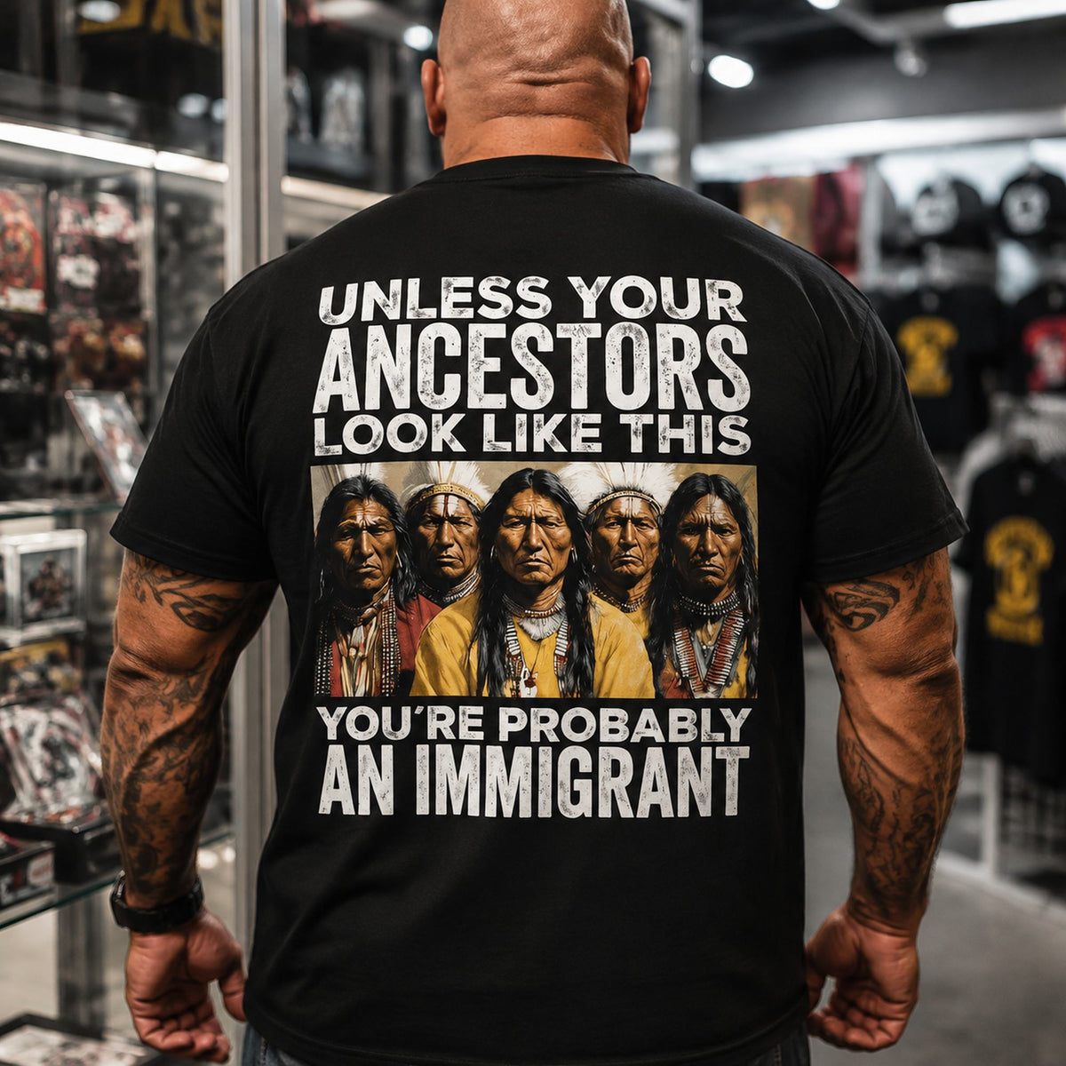 Unless Your Ancestors heritage portrait back print black tee male model