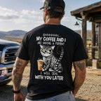 My Coffee and I funny cat coffee black tee back print outdoor male model