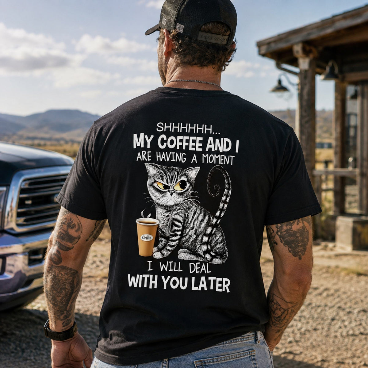 My Coffee and I funny cat coffee black tee back print outdoor male model