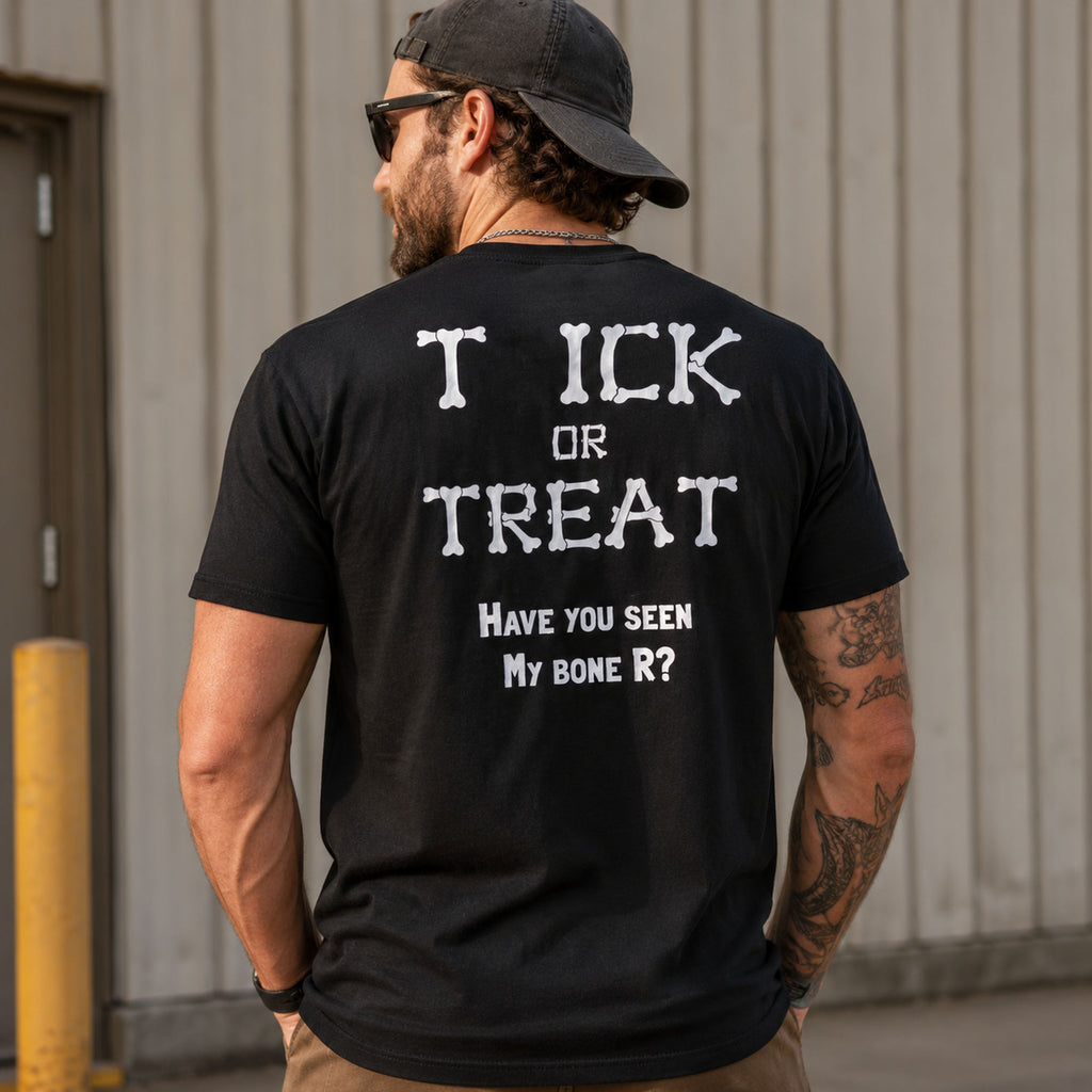 Tick or Treat Bone R funny Halloween black tee back print outdoor male model