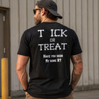 Tick or Treat Bone R funny Halloween black tee back print outdoor male model