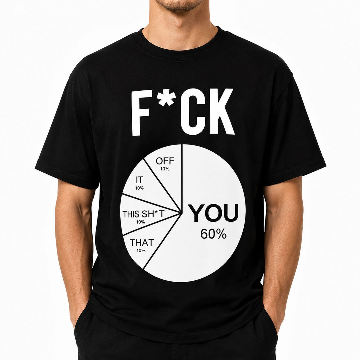 F*CK You pie chart funny graphic tee in black on male model, front view