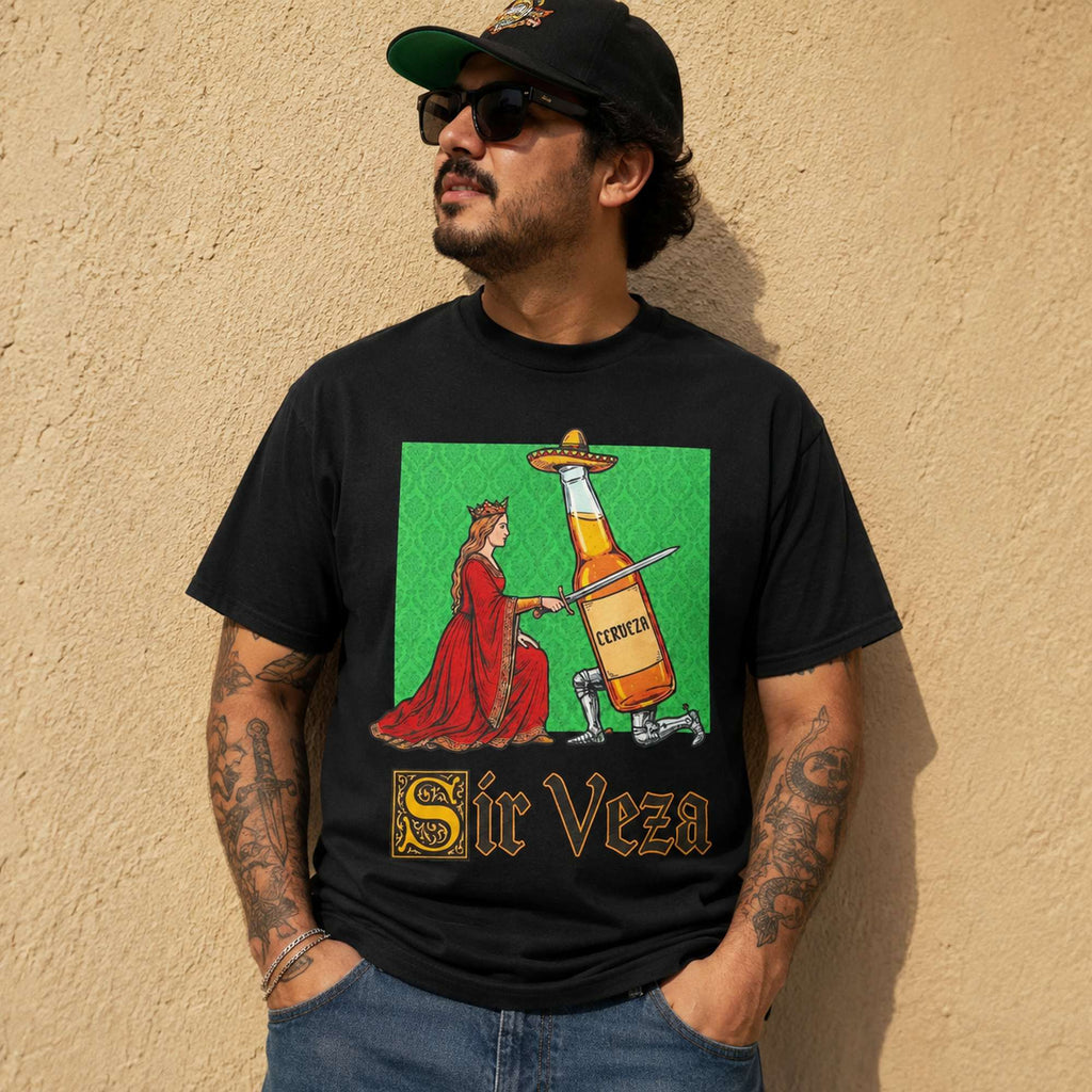 Sir Veza medieval beer knight graphic tee black front print outdoor male model