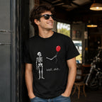 Well Shit red balloon skeleton graphic tee black front lifestyle male model