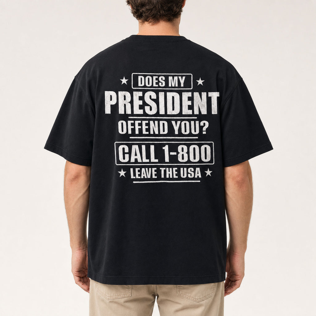 Does My President Offend You patriotic graphic tee black back print male model
