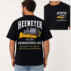 Heemeyer Demolition Inc double-sided graphic tee black male back model with front chest inset