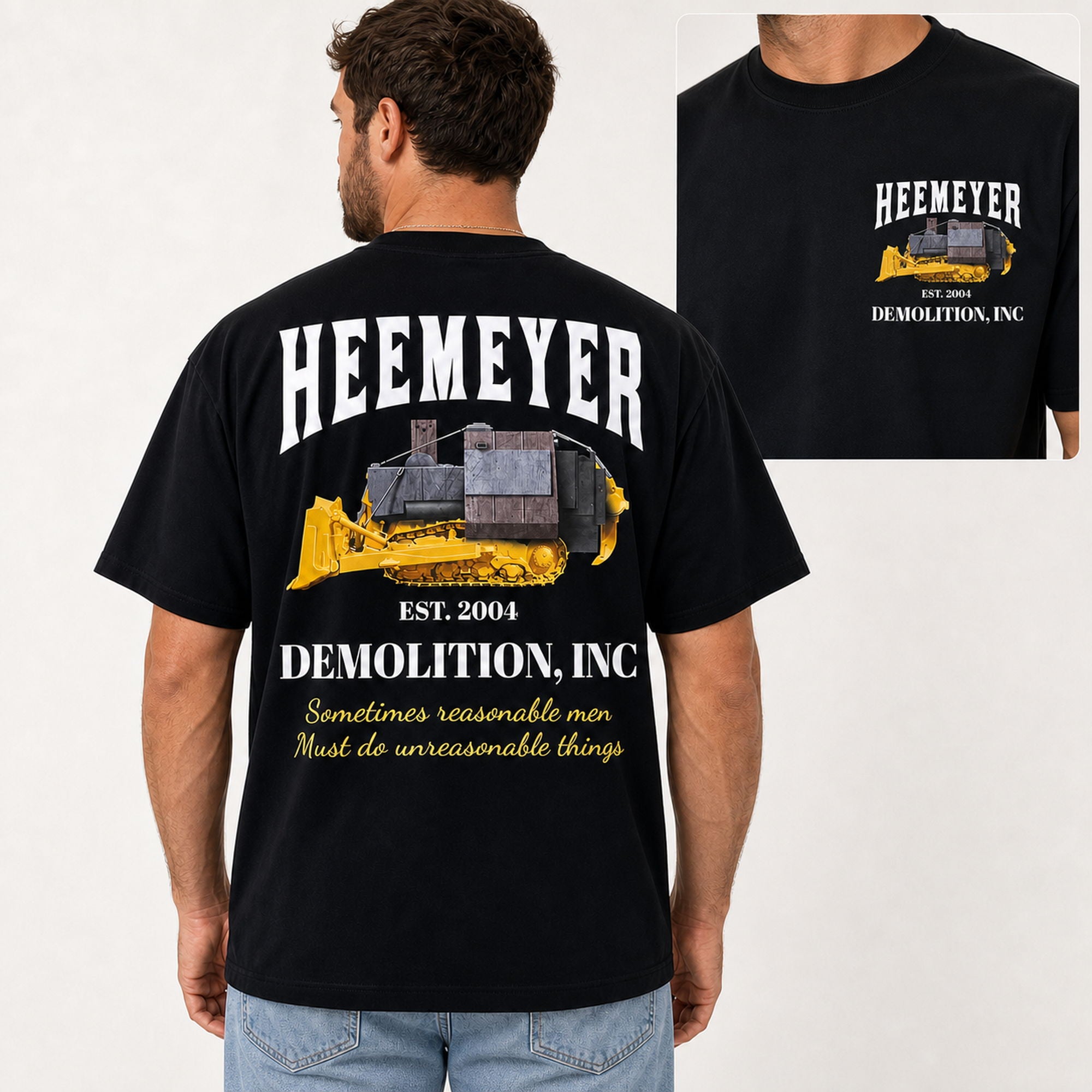 Heemeyer Demolition Inc double-sided graphic tee black male back model with front chest inset