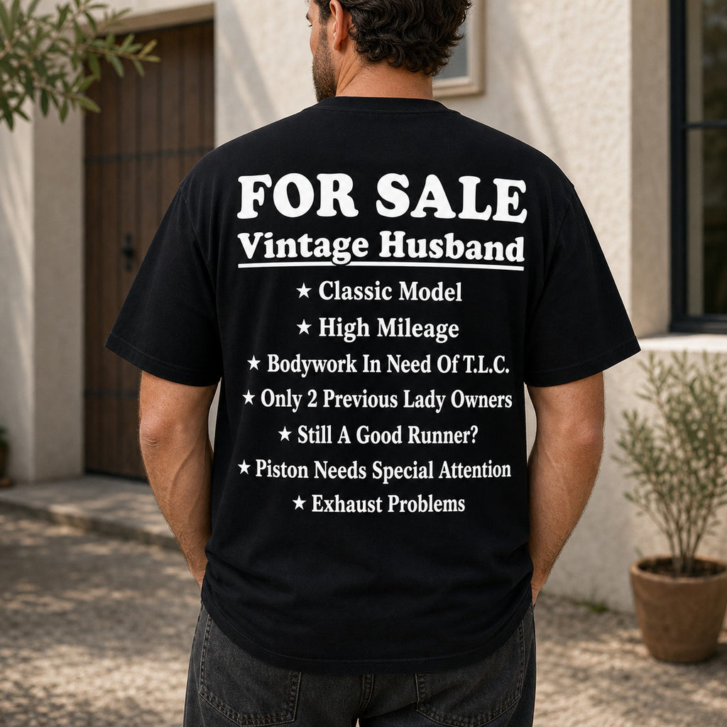 For Sale Vintage Husband funny graphic tee black back print male model