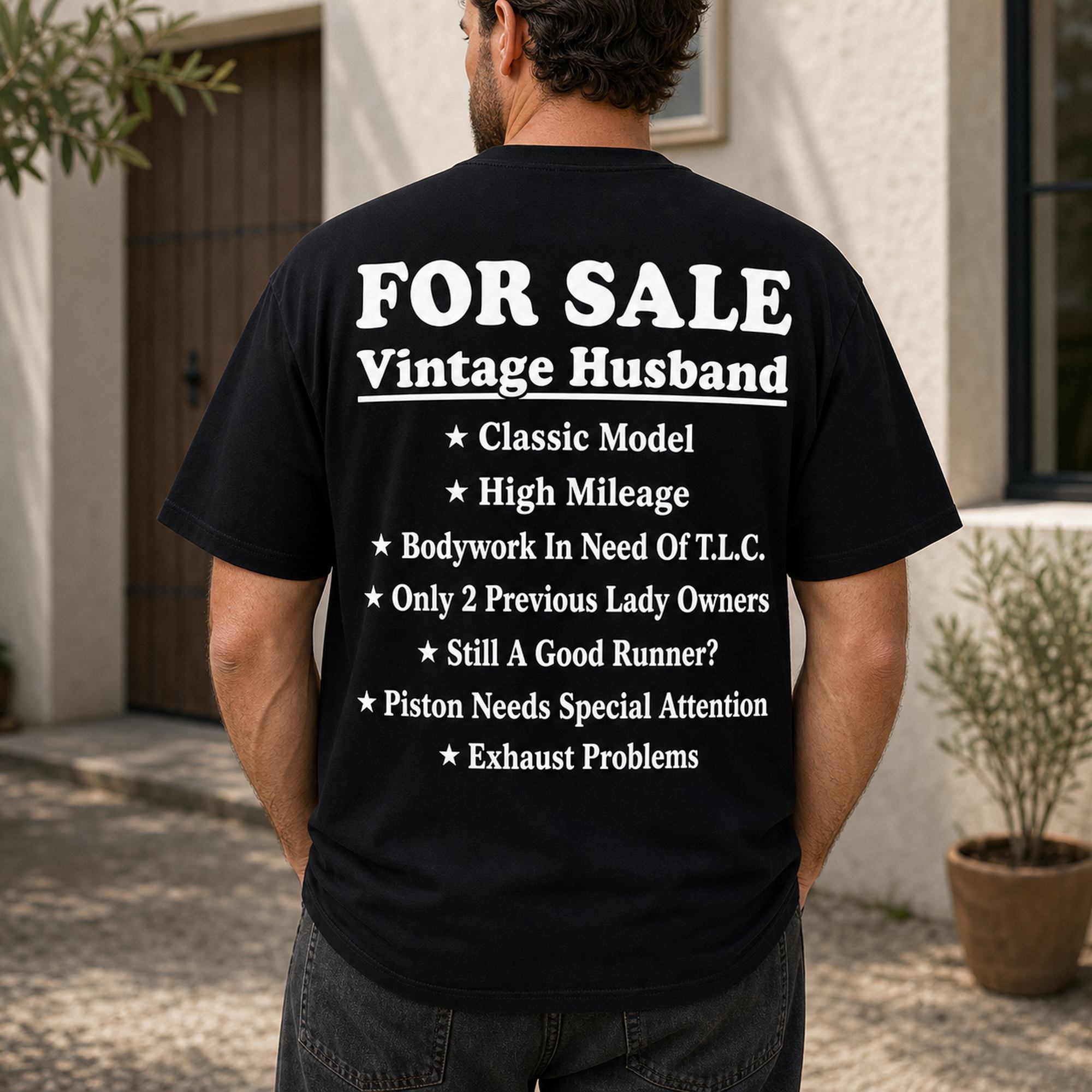 For Sale Vintage Husband funny graphic tee black back print male model