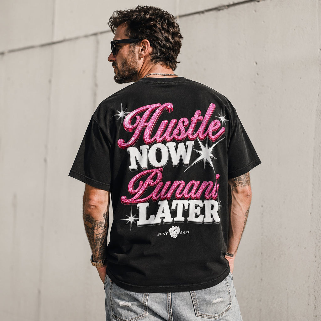 Hustle Now Punani Later funny graphic tee black back print lifestyle model
