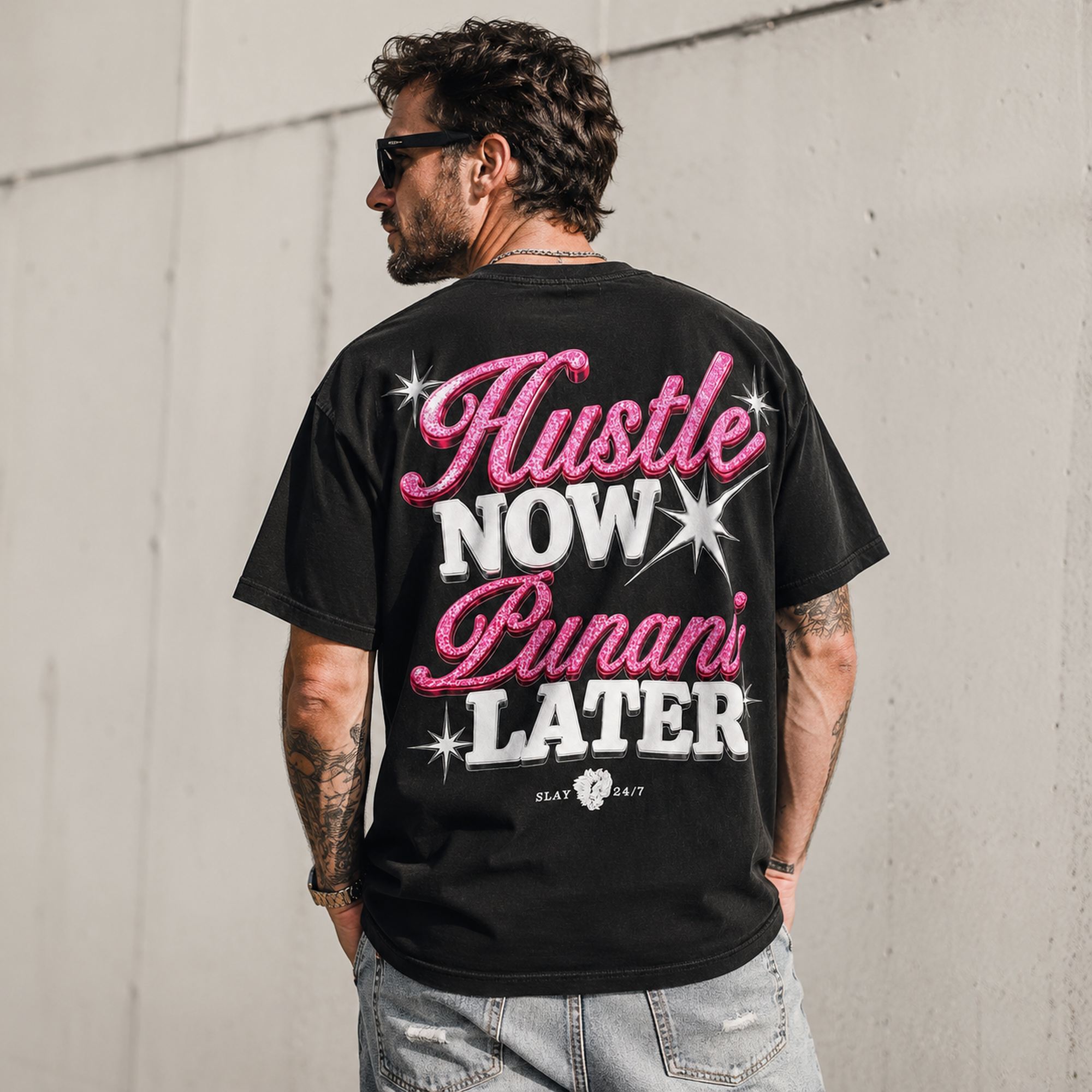 Hustle Now Punani Later funny graphic tee black back print lifestyle model