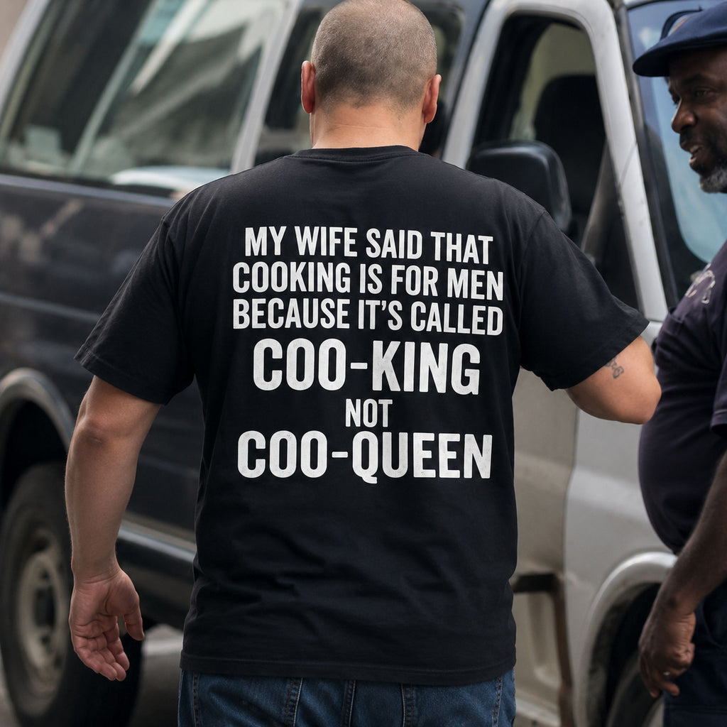 My Wife Said Cooking Is for Men funny back print graphic tee black male model