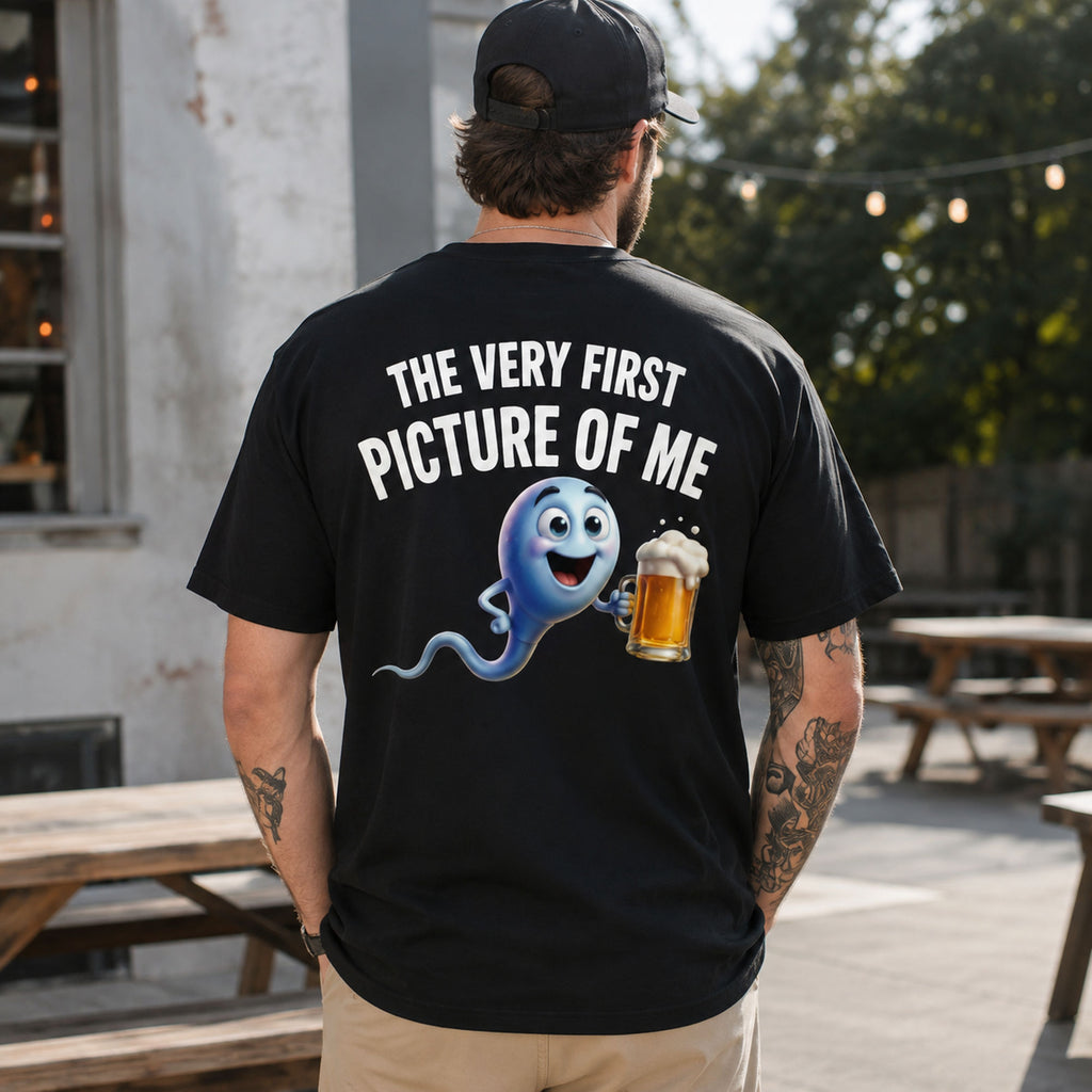 The Very First Picture of Me funny back print graphic tee black male model outdoor lifestyle