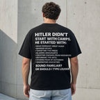 Hitler Didn't Start With Camps historical warning black graphic tee back print male model