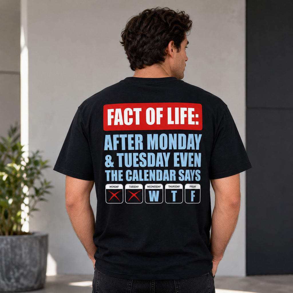 Fact Of Life Calendar funny back print graphic tee black male model