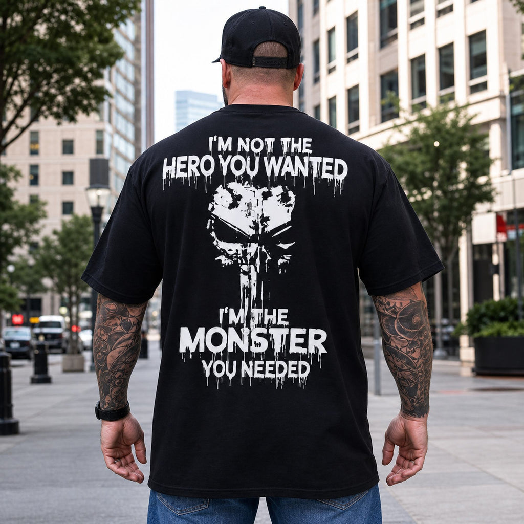 I'm Not the Hero You Wanted monster back print graphic tee black male model