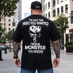 I'm Not the Hero You Wanted monster back print graphic tee black male model