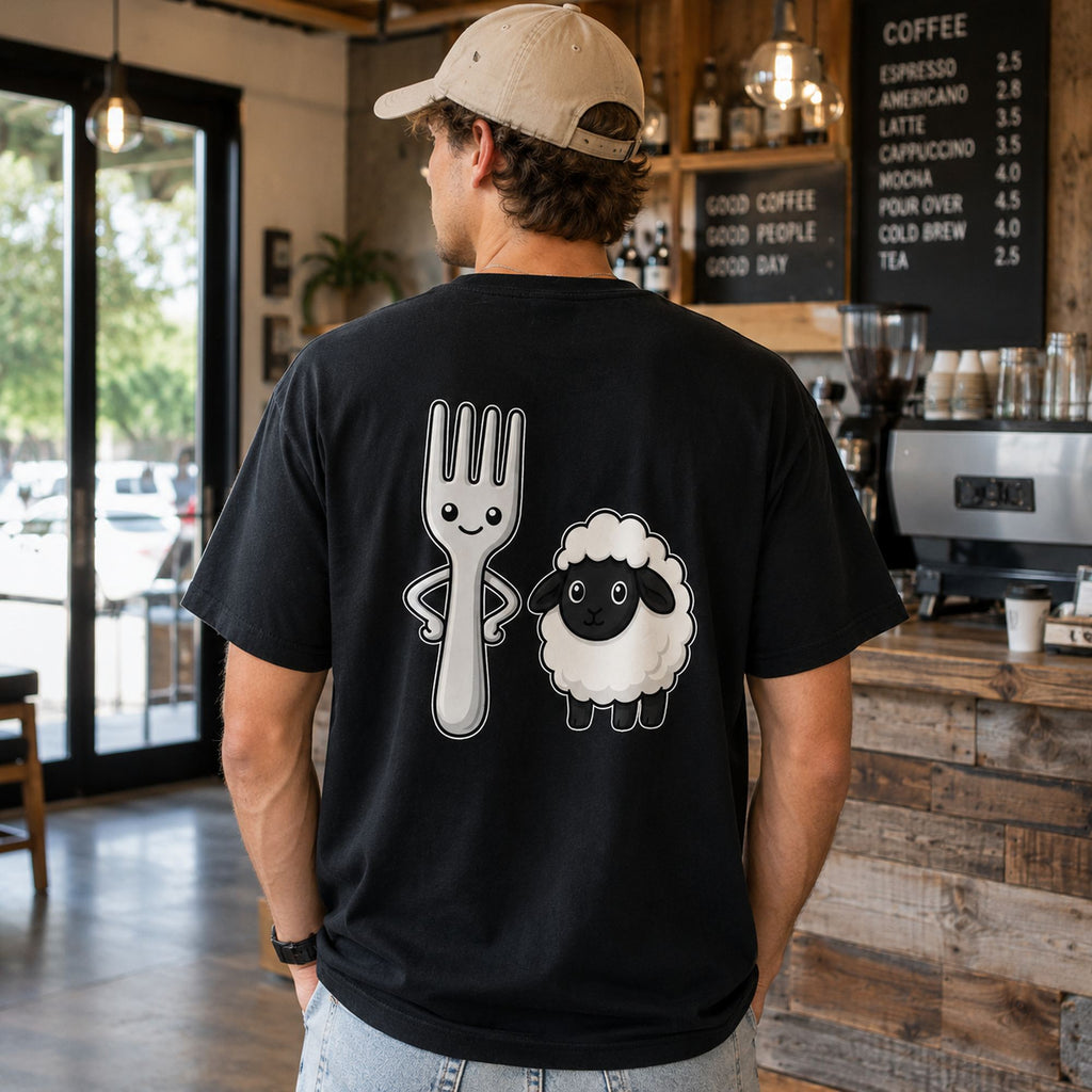 Fork Ewe cute sheep pun graphic tee black back print male model in coffee shop