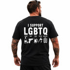 I Support LGBTQ funny back print graphic tee black model back view