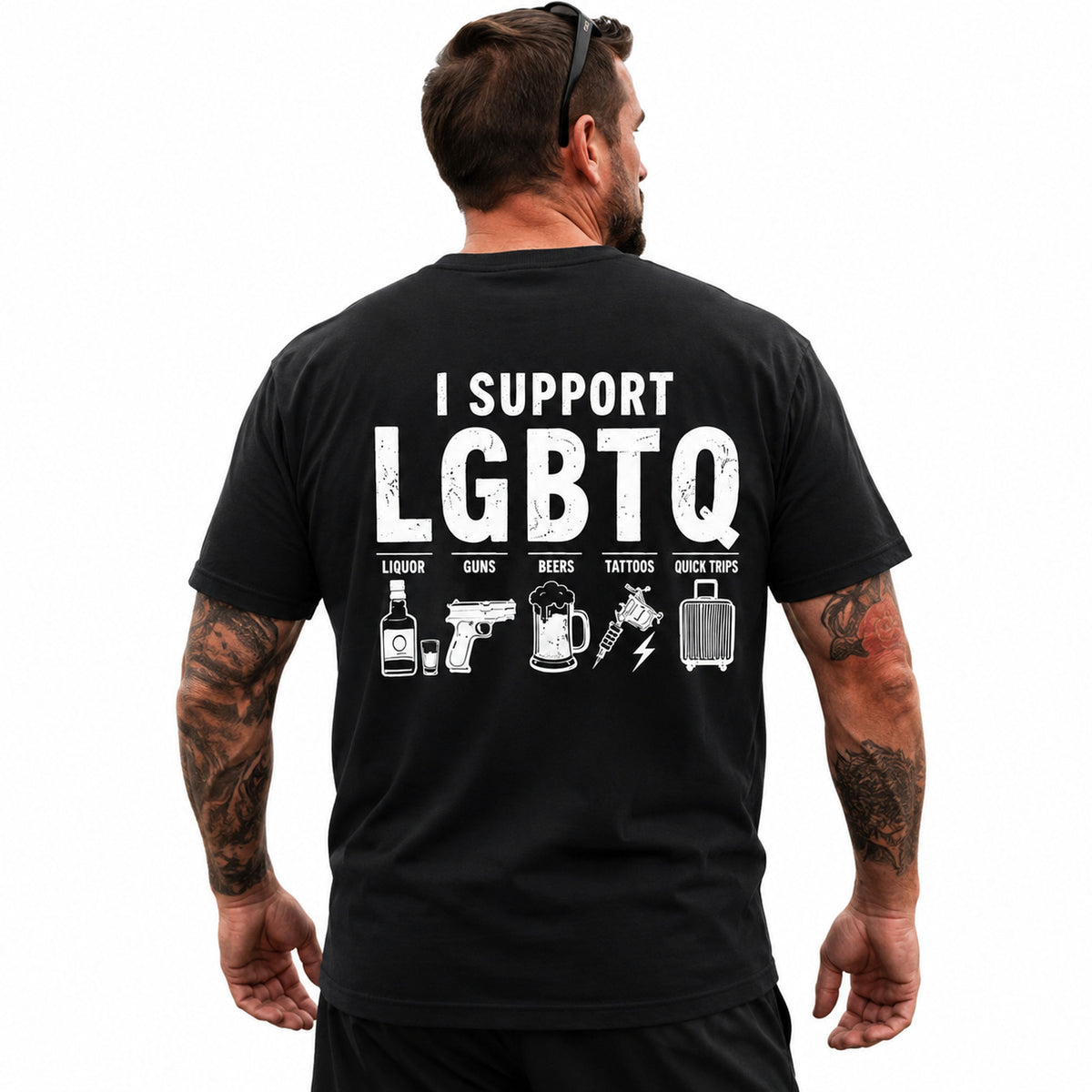 I Support LGBTQ funny back print graphic tee black model back view