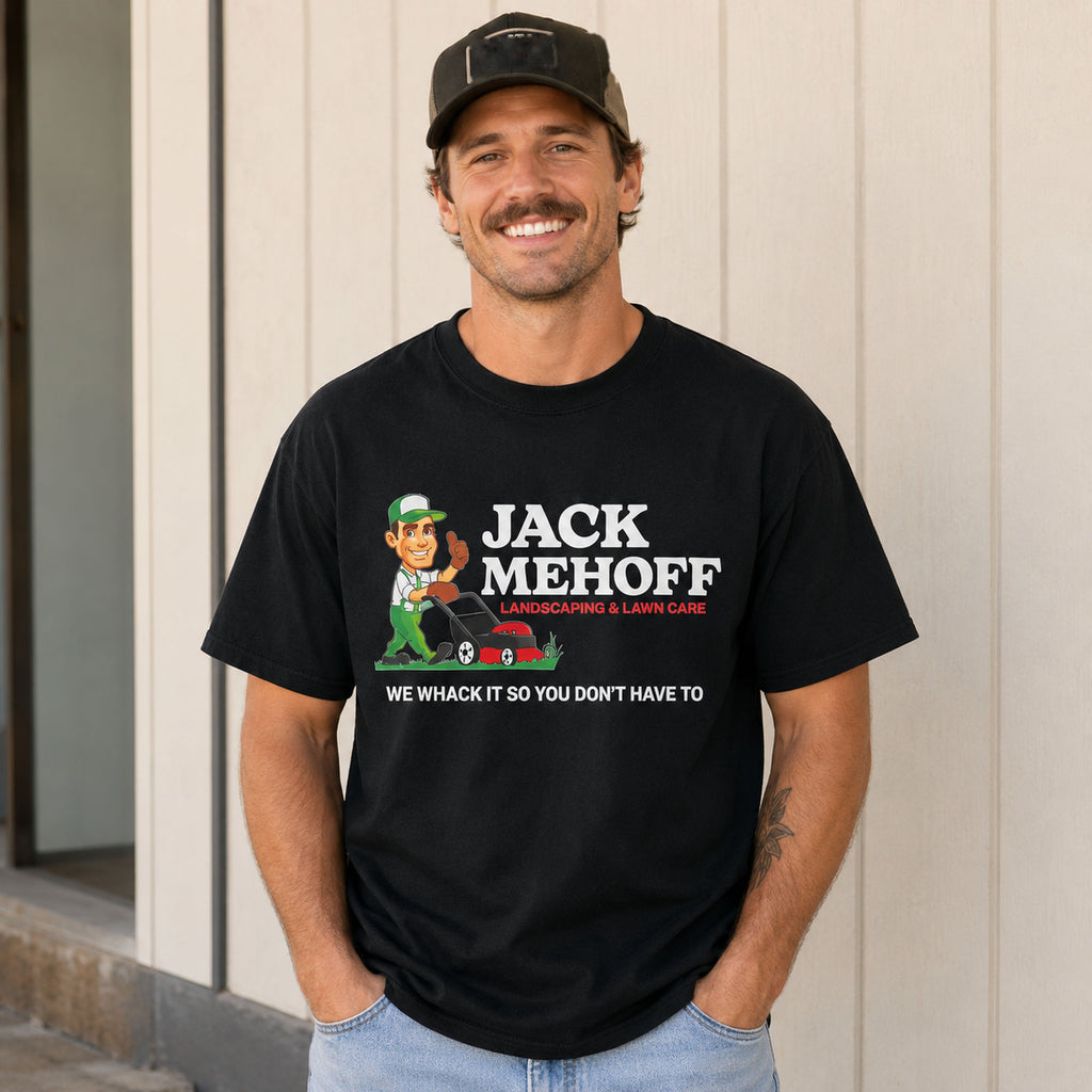 Jack Mehoff Landscaping funny lawn care graphic tee black front print male model
