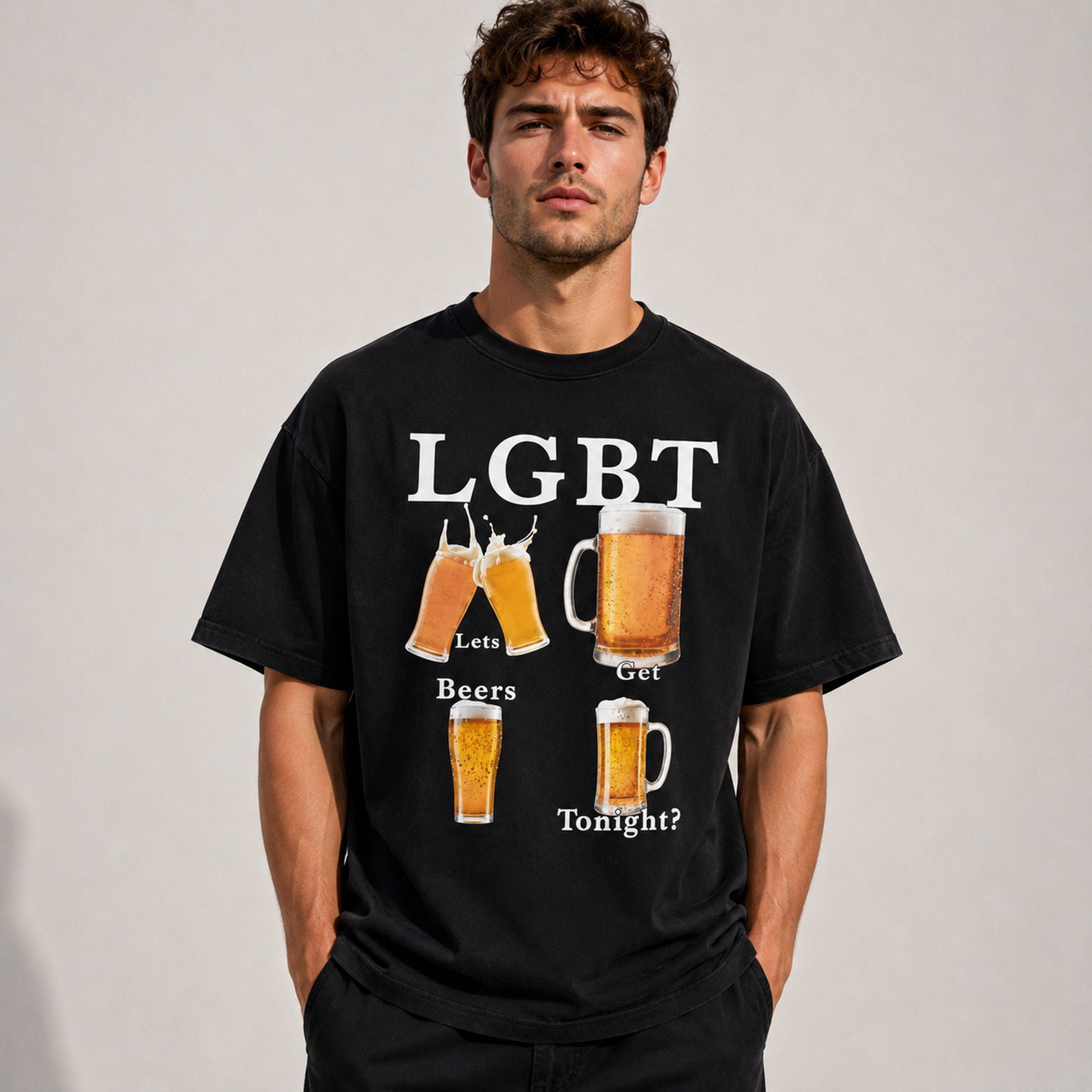 LGBT Let's Get Beers Tonight funny beer graphic tee black front print model