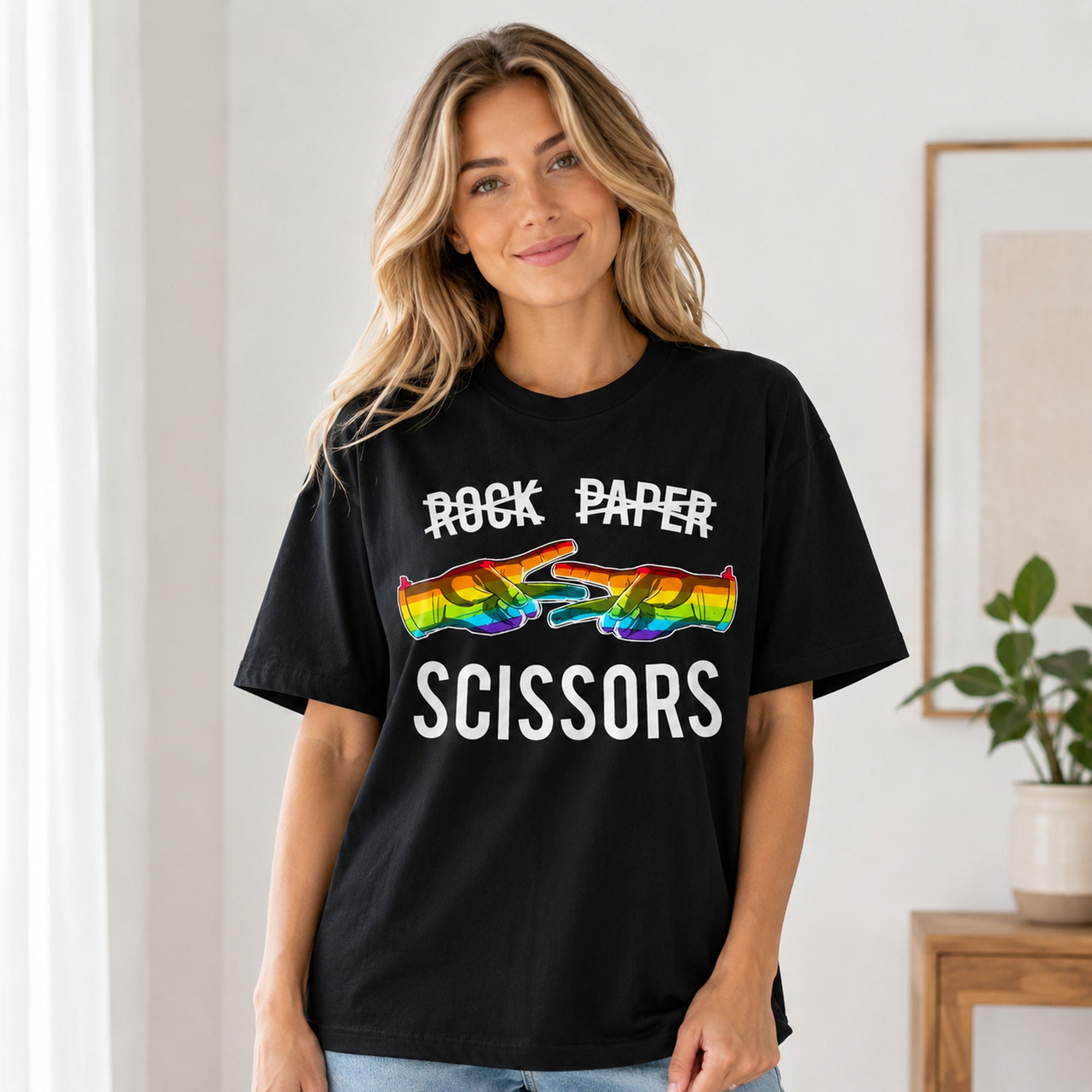 Rock Paper Scissors Rainbow Hands Pride graphic tee black female model