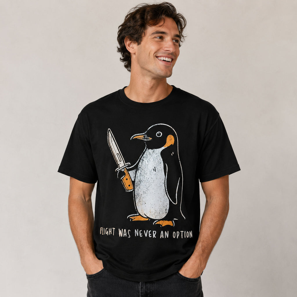 Flight Was Never An Option penguin graphic tee black front model